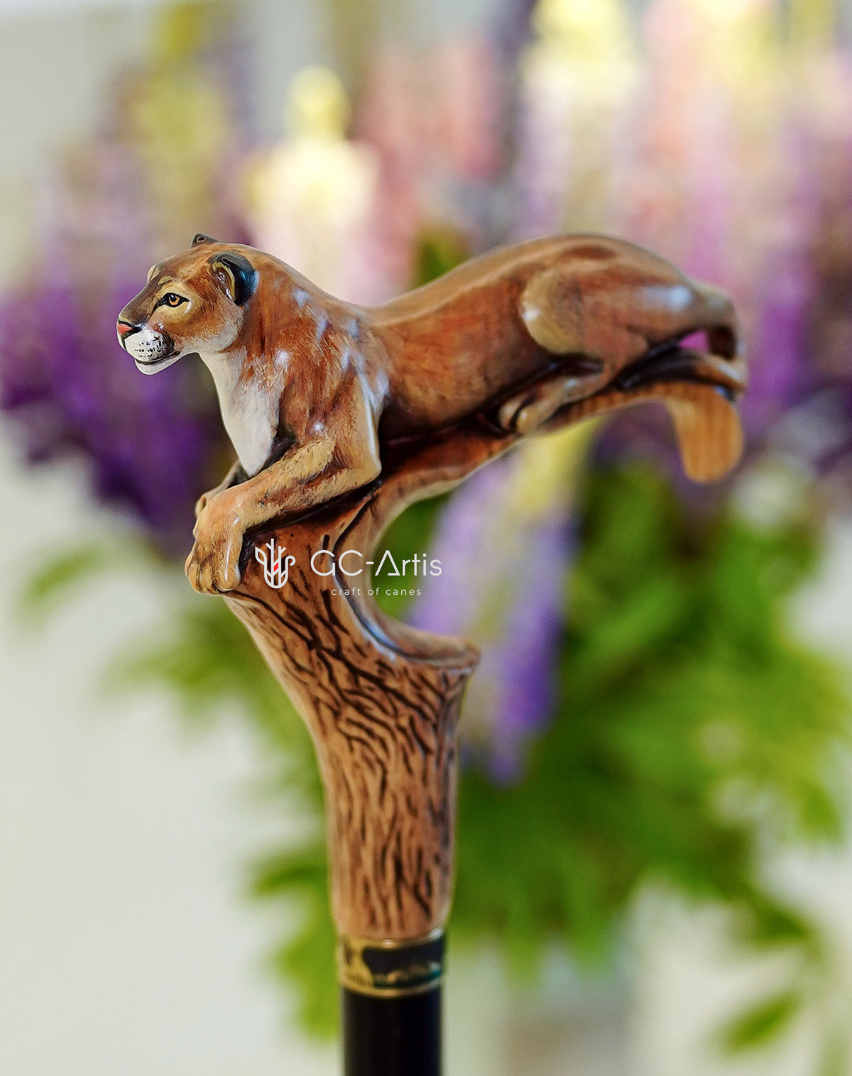 American Puma Cat Light Wood Artisan Intricate Handcarved Cane