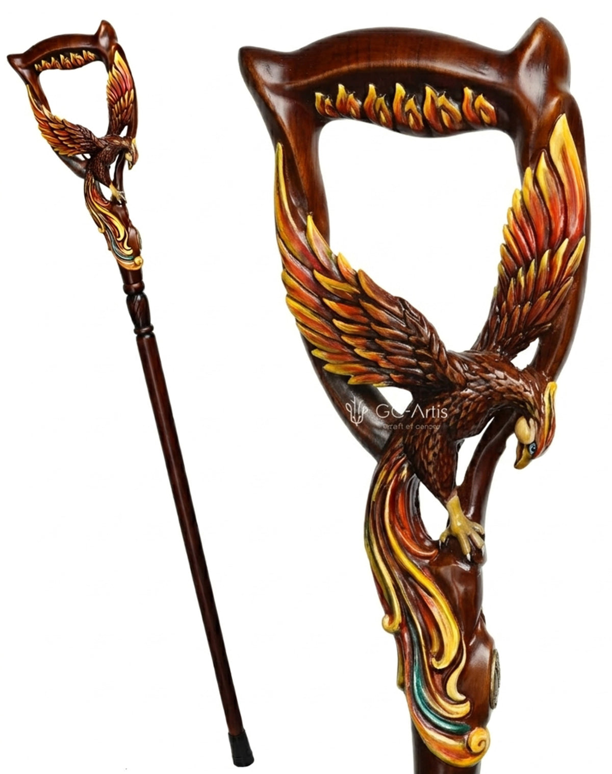 Phoenix Bird: Artisan Intricate Hand-Carved Dark Wood Cane