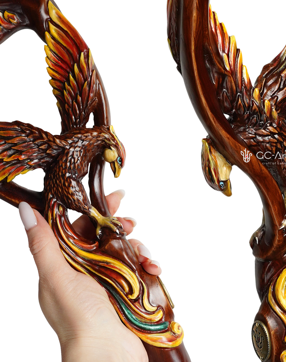 Phoenix Bird: Artisan Intricate Hand-Carved Dark Wood Cane