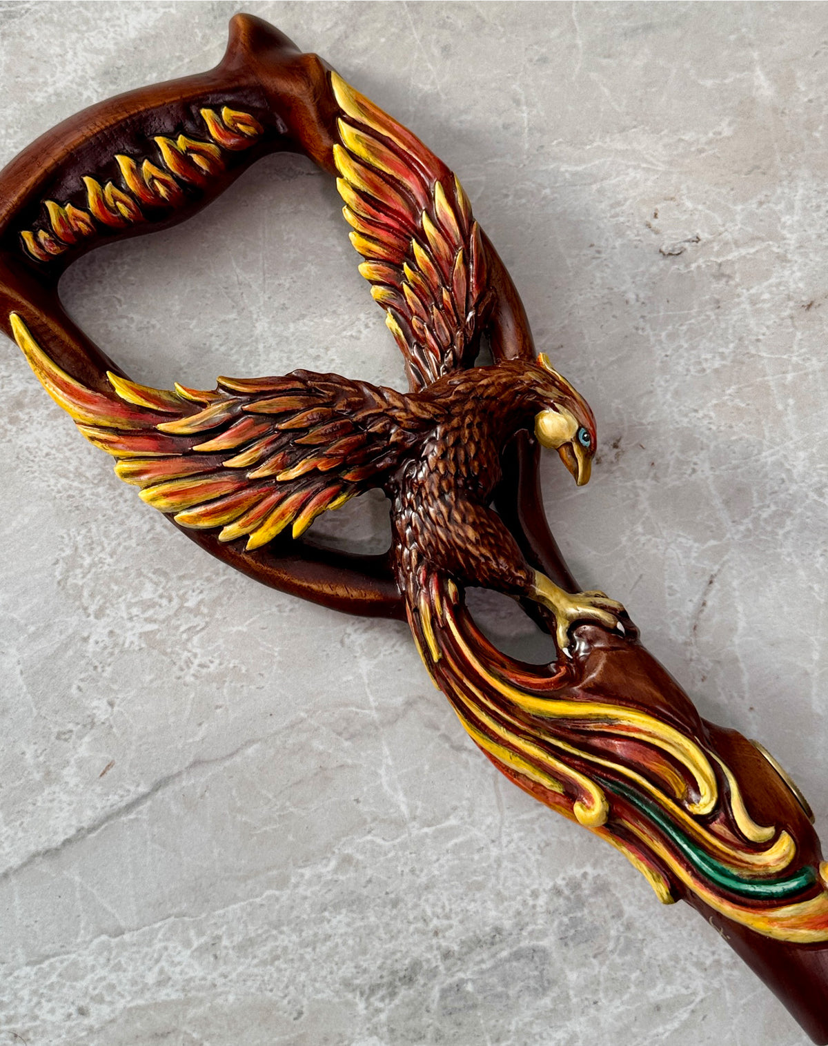 Phoenix Bird: Artisan Intricate Hand-Carved Dark Wood Cane