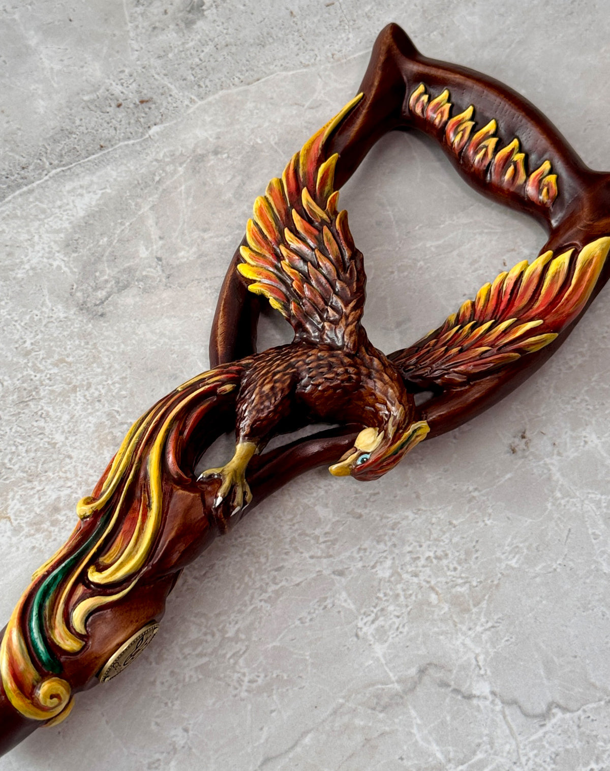 Phoenix Bird: Artisan Intricate Hand-Carved Dark Wood Cane