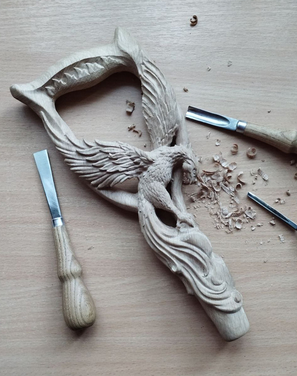 Phoenix Bird: Artisan Intricate Hand-Carved Dark Wood Cane