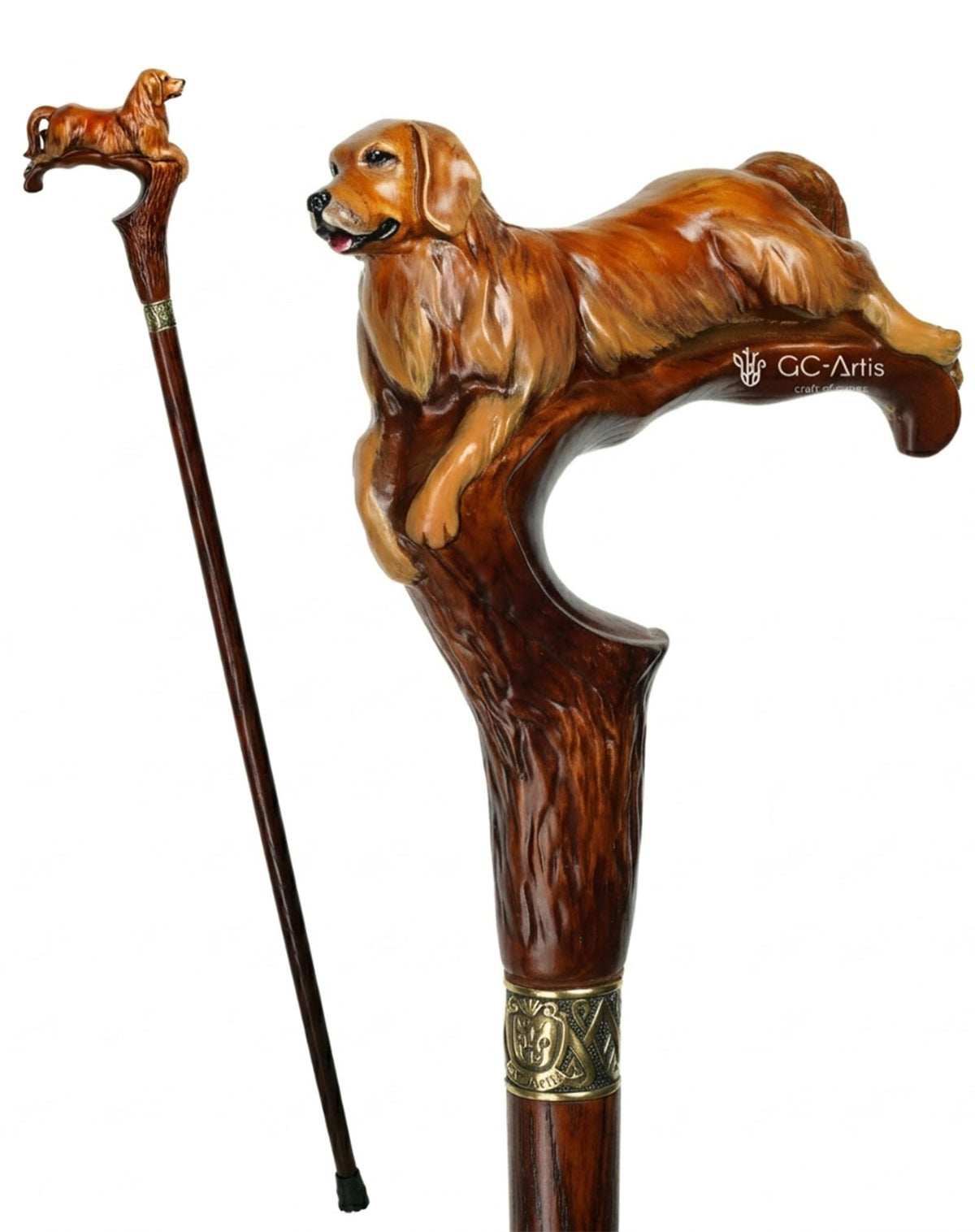 Golden Retriever Dog: Artisan Intricate Detail Handcarved Cane
