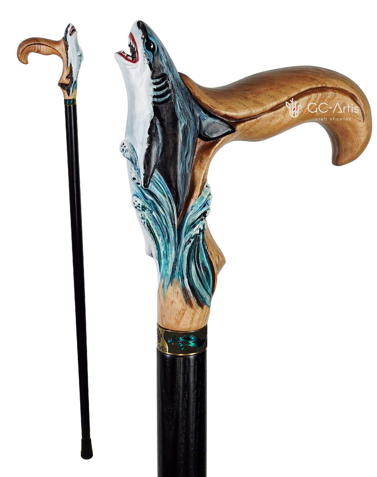 Masterpiece  Hand-Carved Shark Painted Walking Cane