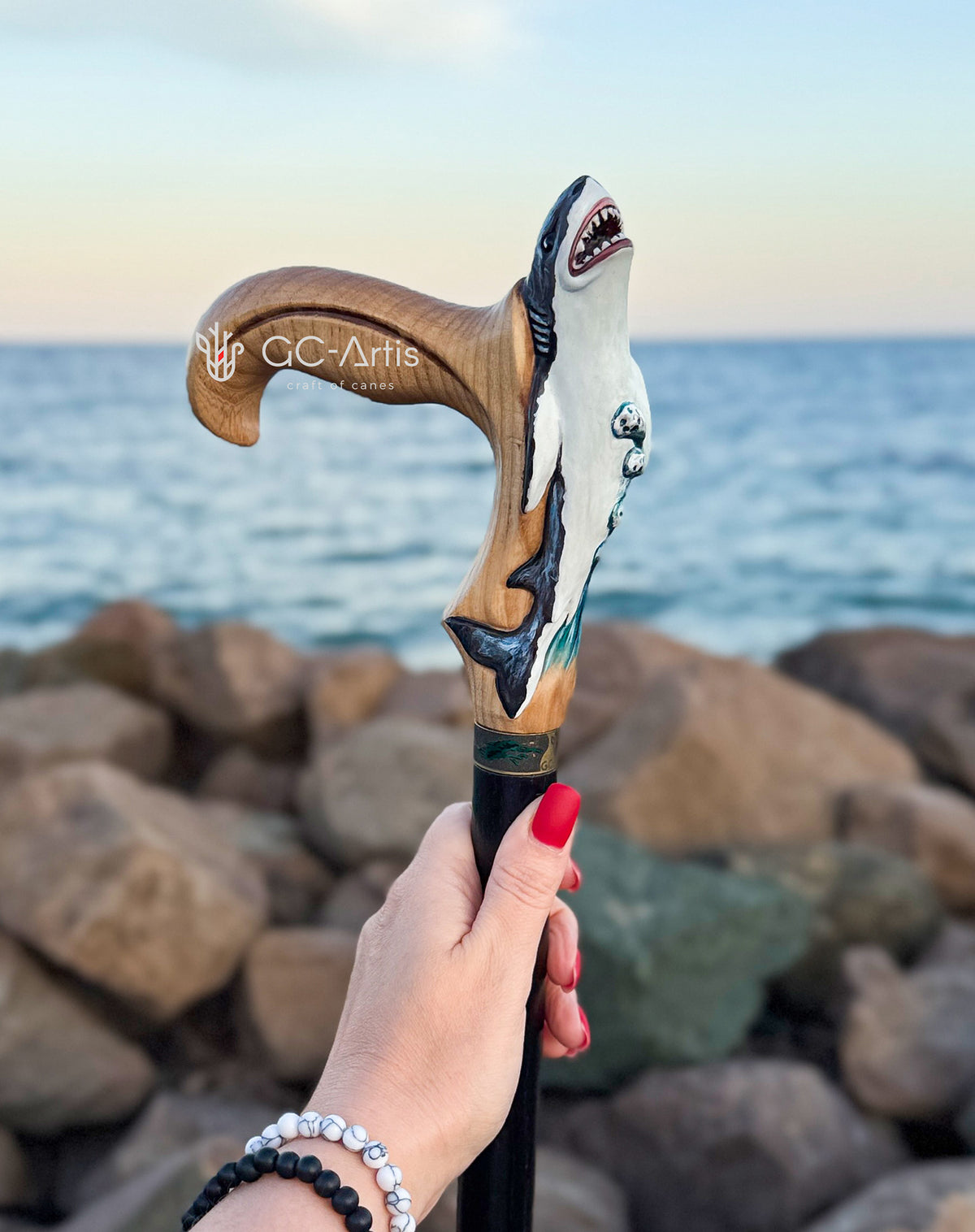 Masterpiece  Hand-Carved Shark Painted Walking Cane