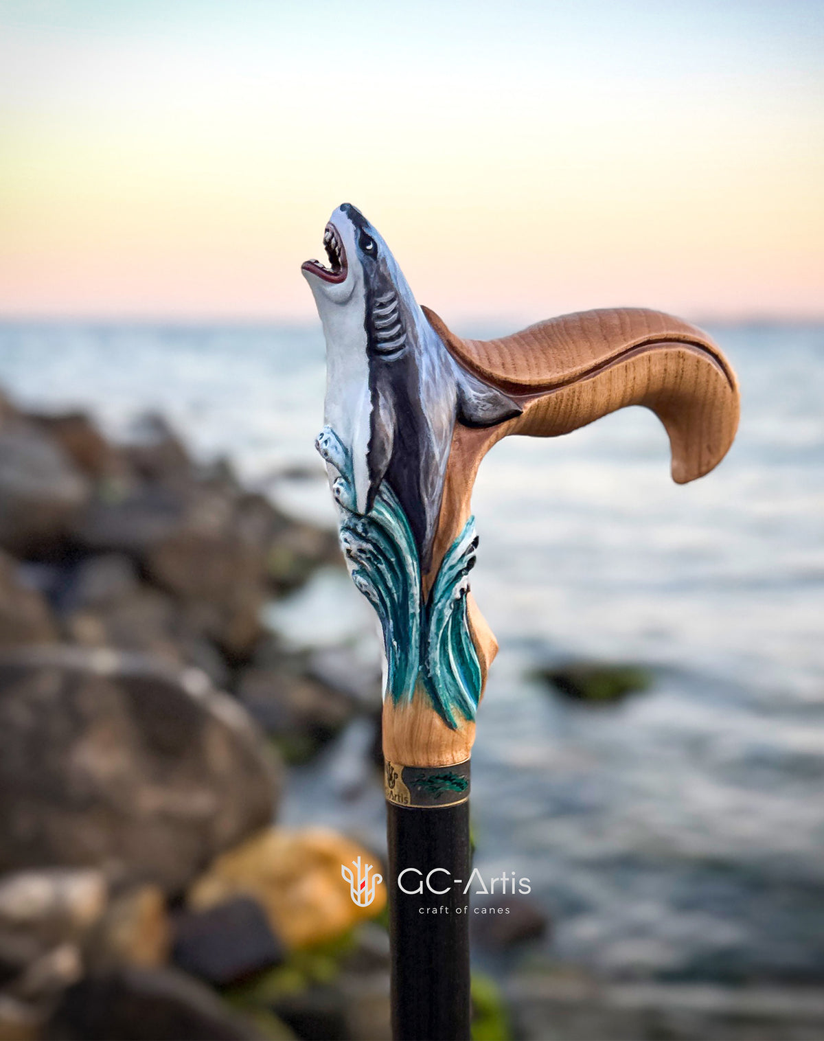 Masterpiece  Hand-Carved Shark Painted Walking Cane