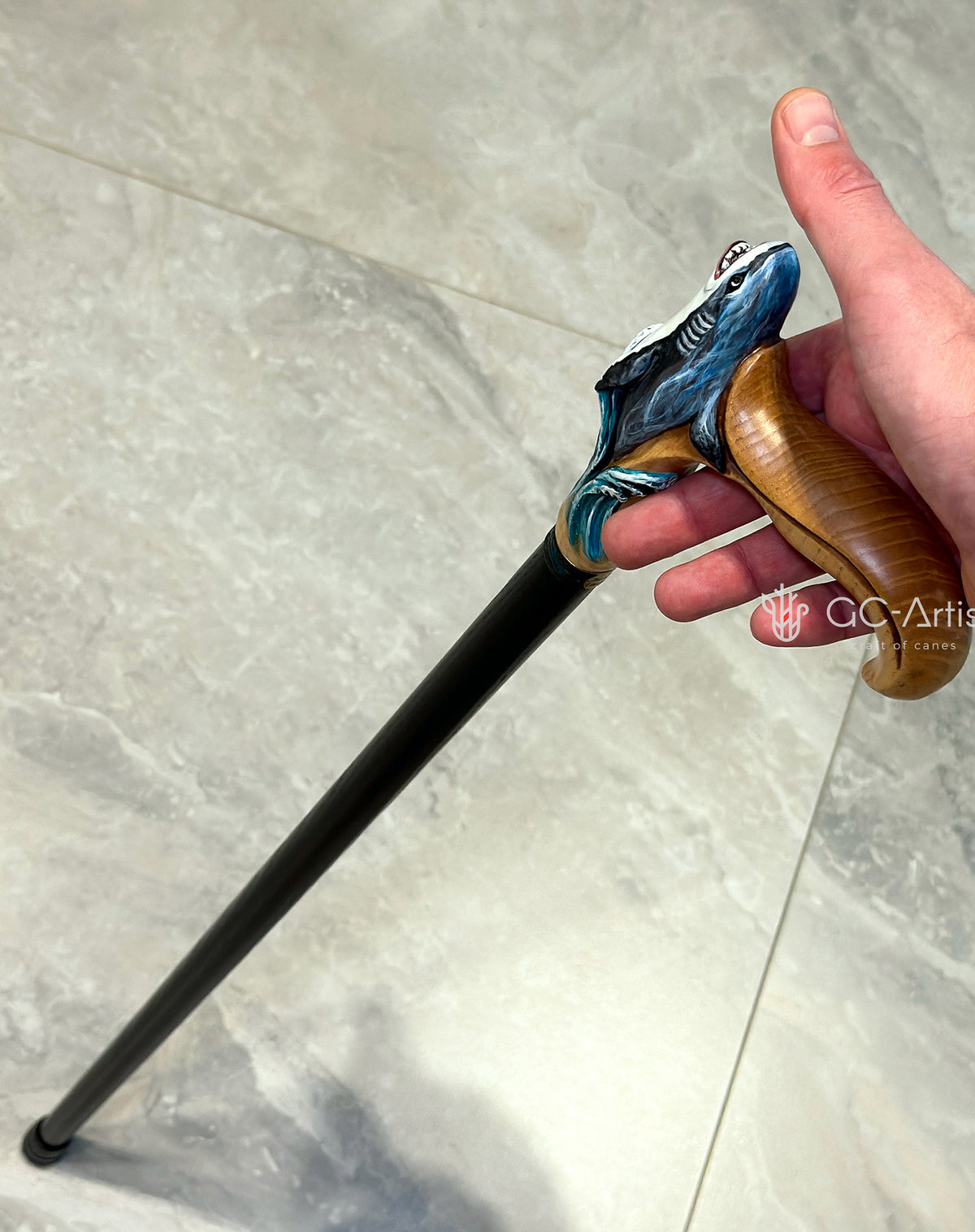 Masterpiece  Hand-Carved Shark Painted Walking Cane