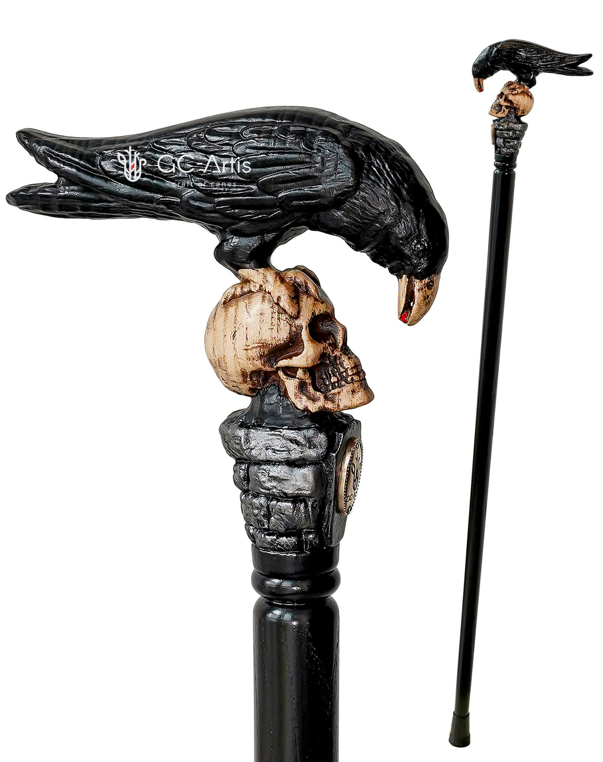 Intricate Handcarved Black Crow & Skull Artisan Cane Black Edition - Unique