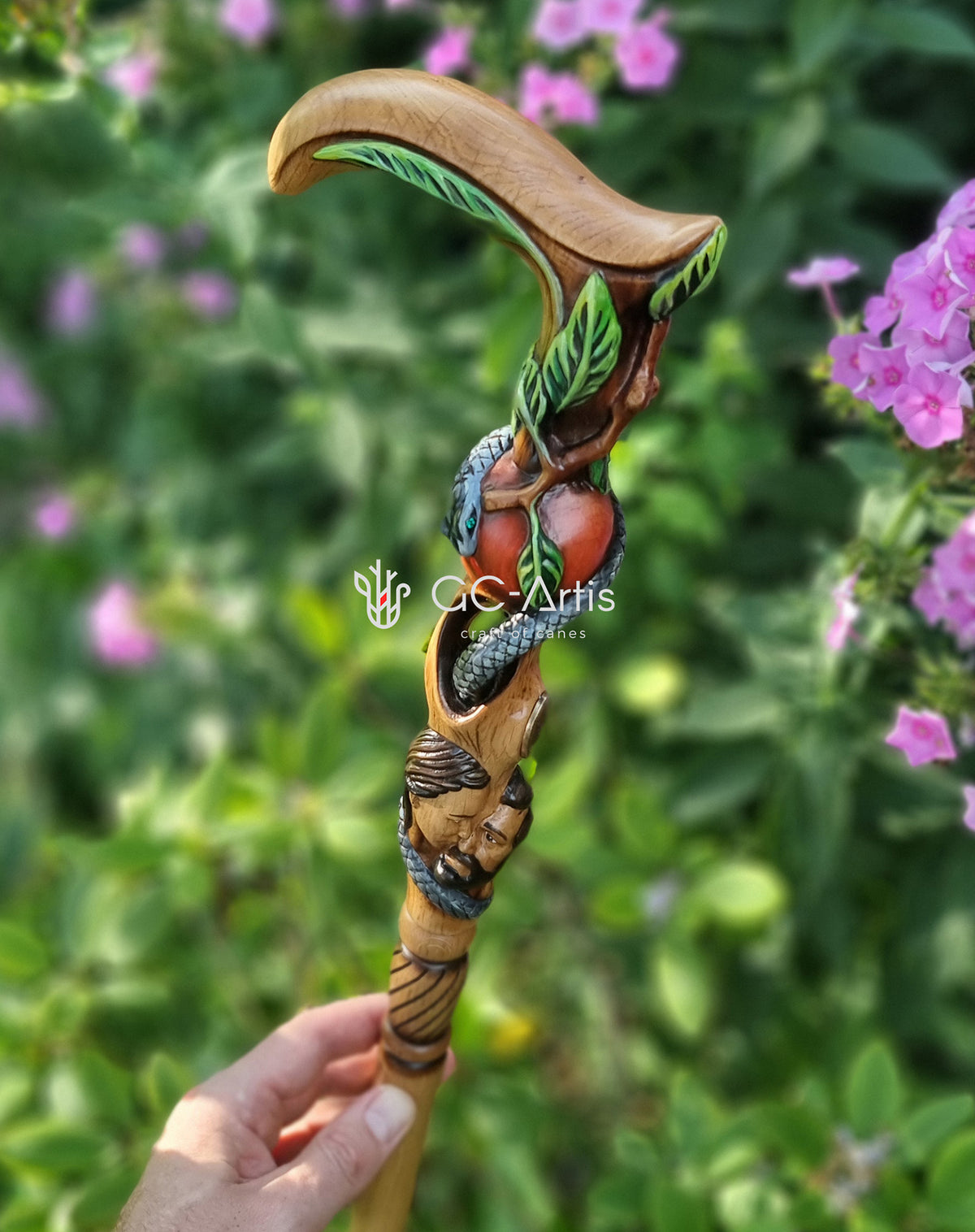 Adam & Eve Carved Light Wood Cane: Unique Wood Handcarved Artisan Detail