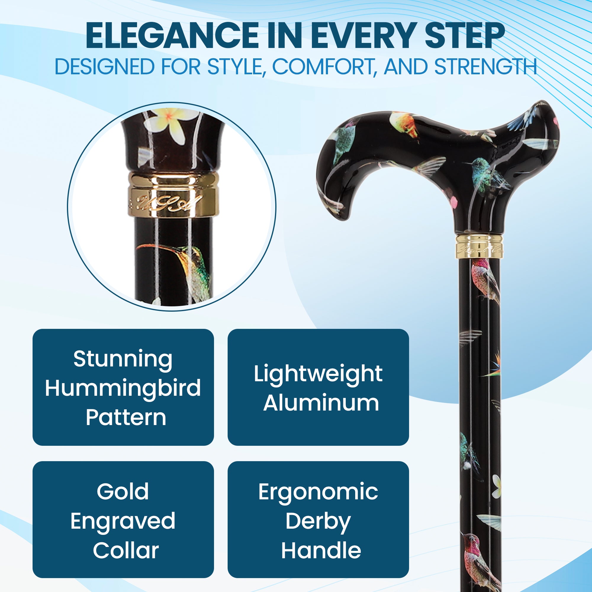 HD Pattern Designer Cane - Matching Handle & Shaft - Durable Adjustable Aluminum