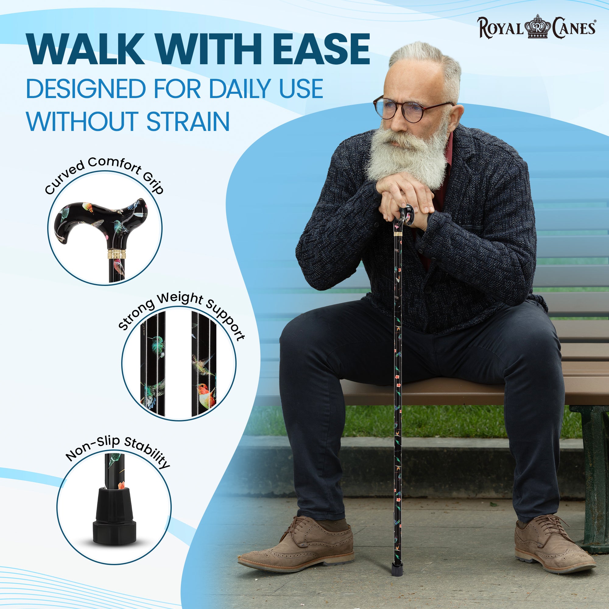 HD Pattern Designer Cane - Matching Handle & Shaft - Durable Adjustable Aluminum