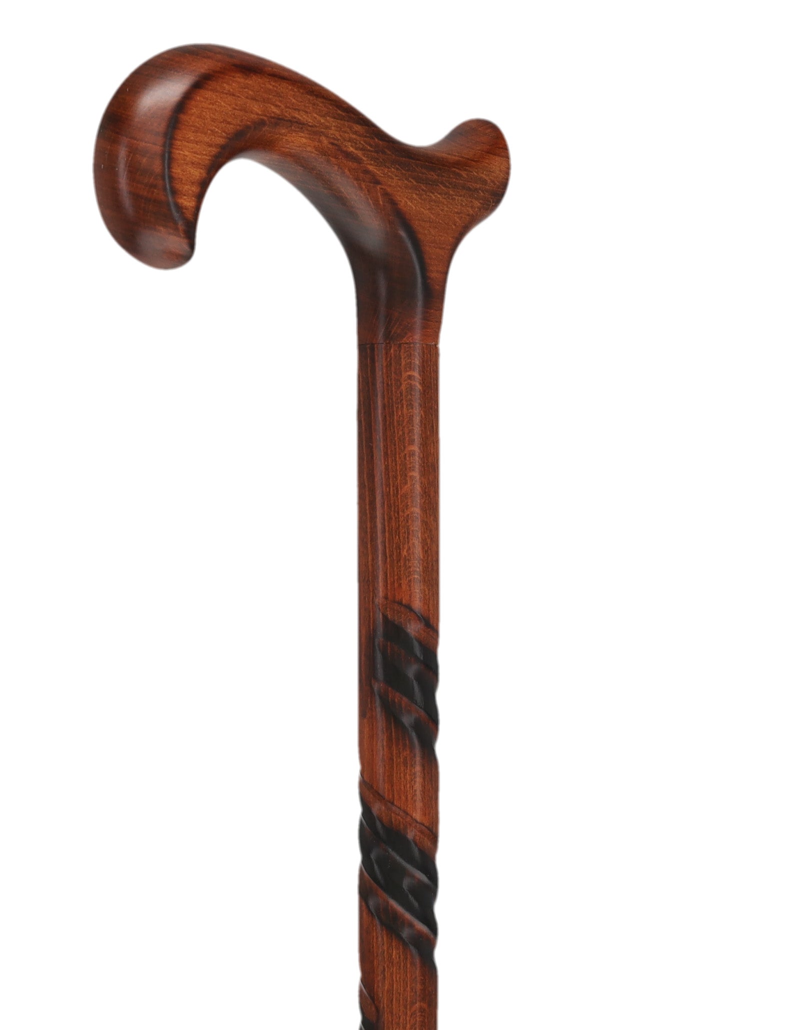 Spiral Carved Walking Cane - Derby Handle, Cherry Stain