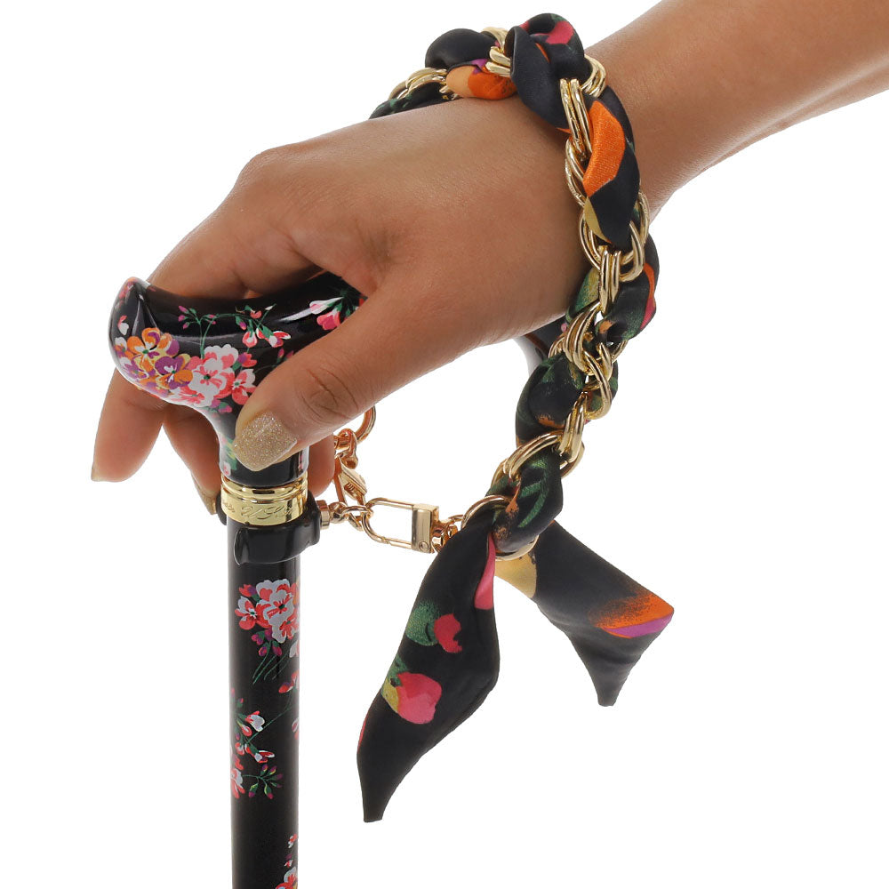 Midnight Floral Designer Cane: Luxury Silk Scarf Option