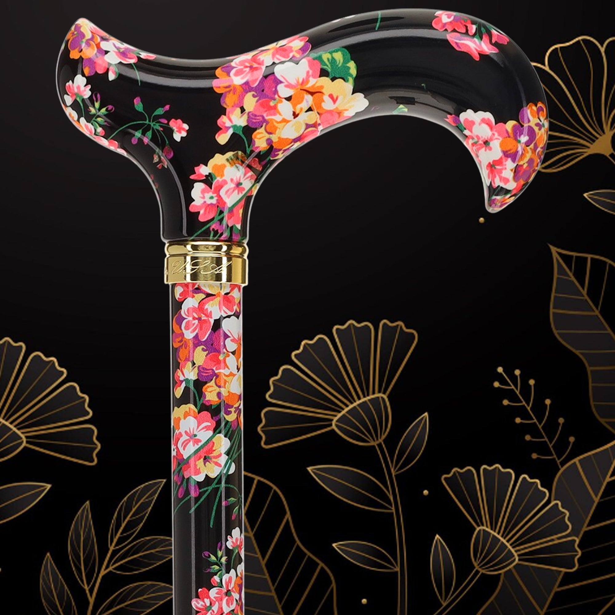 Midnight Floral Designer Cane: Luxury Silk Scarf Option