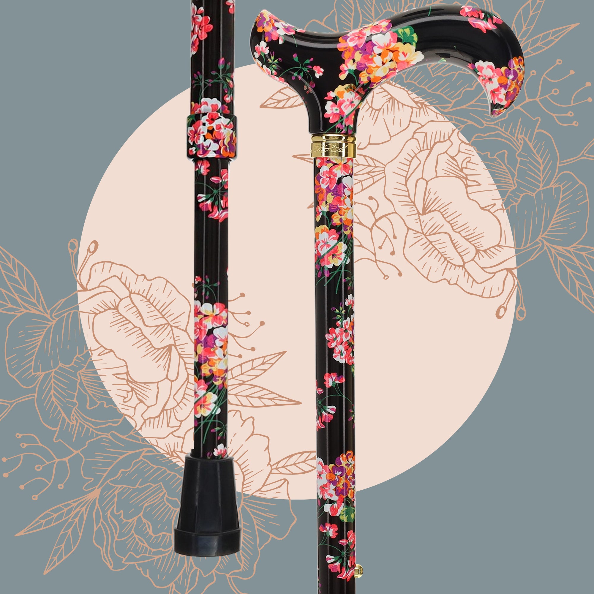 Midnight Floral Designer Cane: Luxury Silk Scarf Option