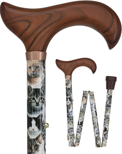 Cat Lovers: Designer Folding Adjustable Cane w/ Wooden Handle