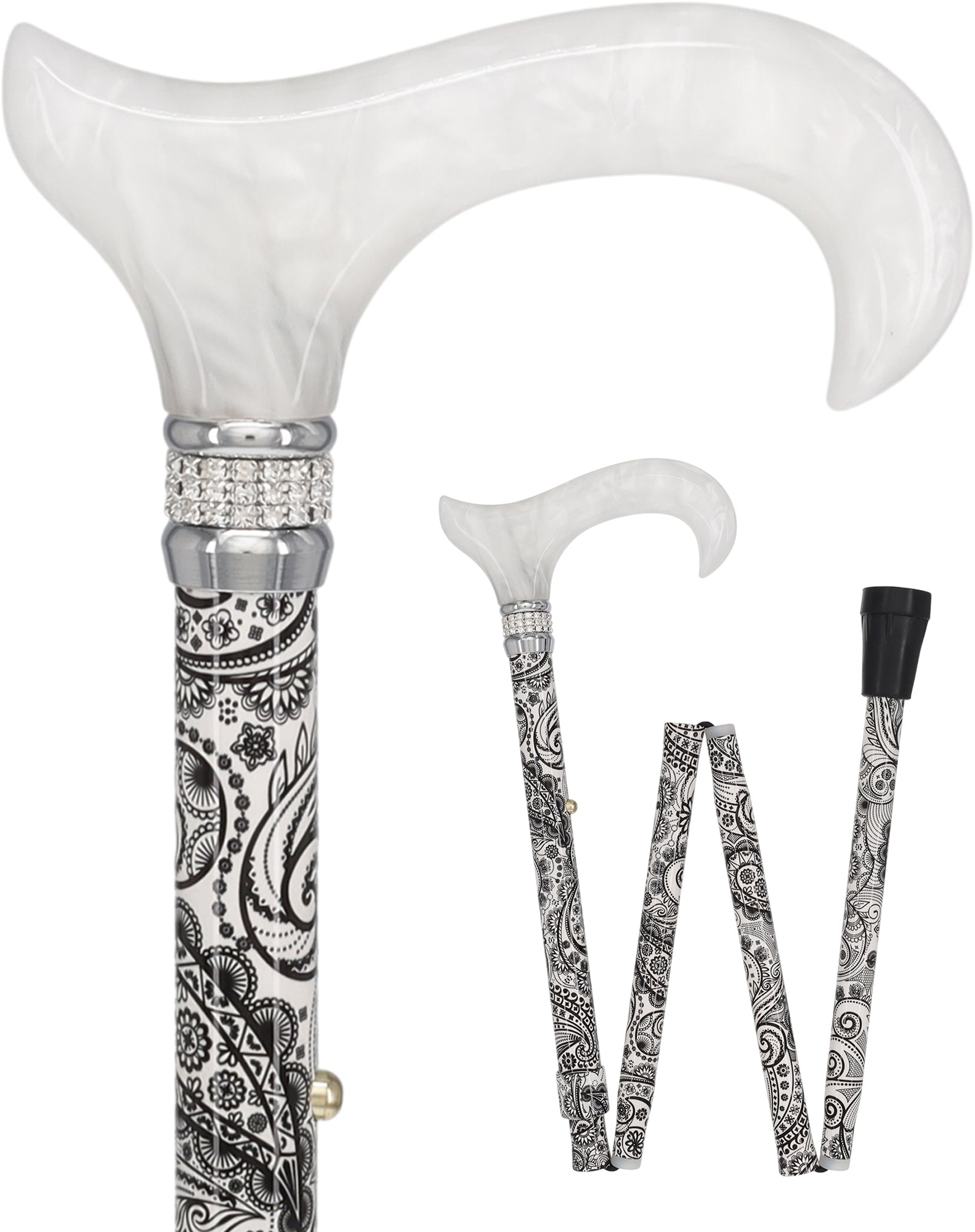 White Pearl w/ Rhinestone collar and black Swirl Designer Adjustable Orthopedic Folding Cane