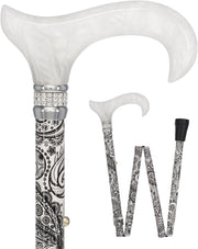 White Pearl w/ Rhinestone collar and black Swirl Designer Adjustable Orthopedic Folding Cane