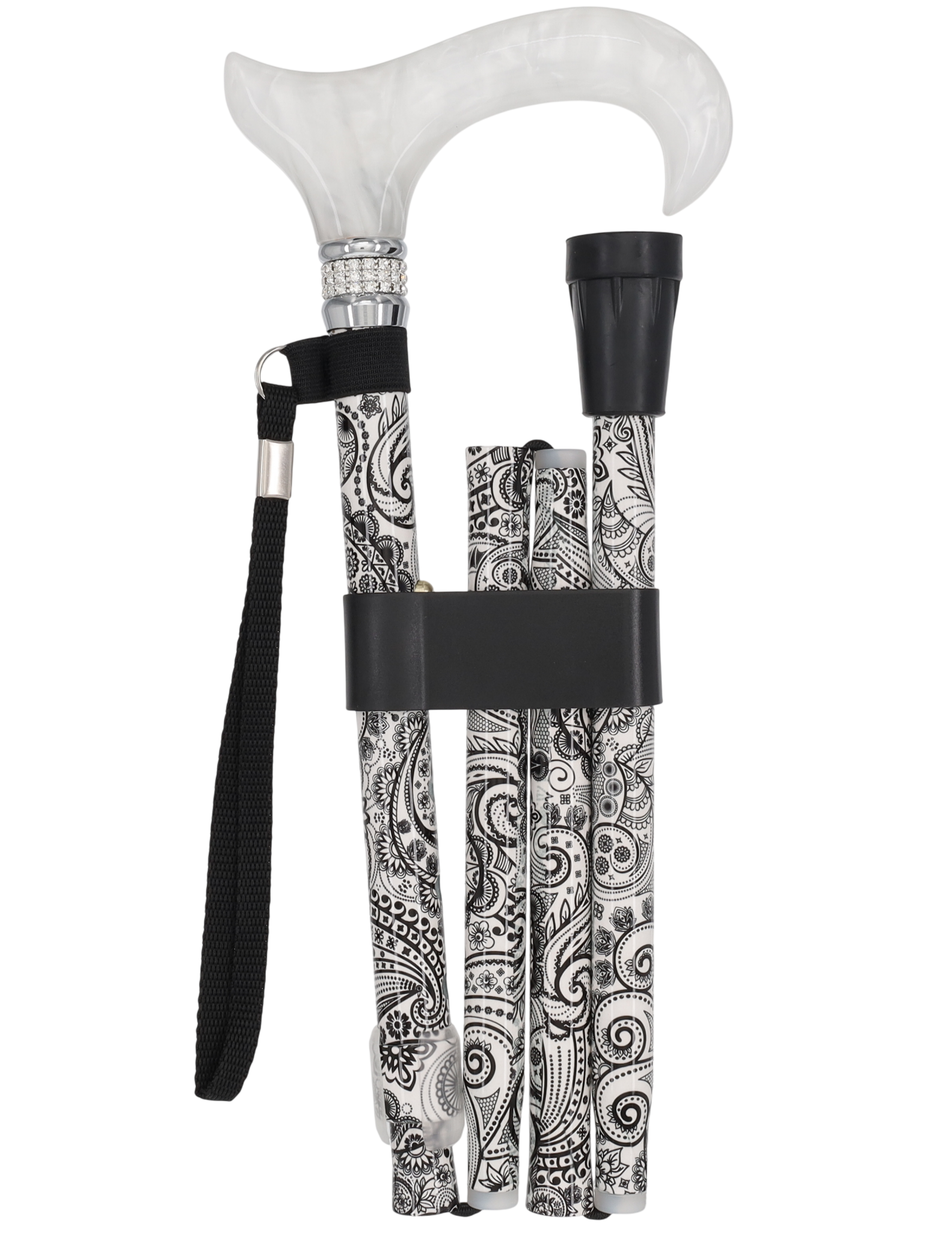 White Pearl w/ Rhinestone collar and black Swirl Designer Adjustable Orthopedic Folding Cane