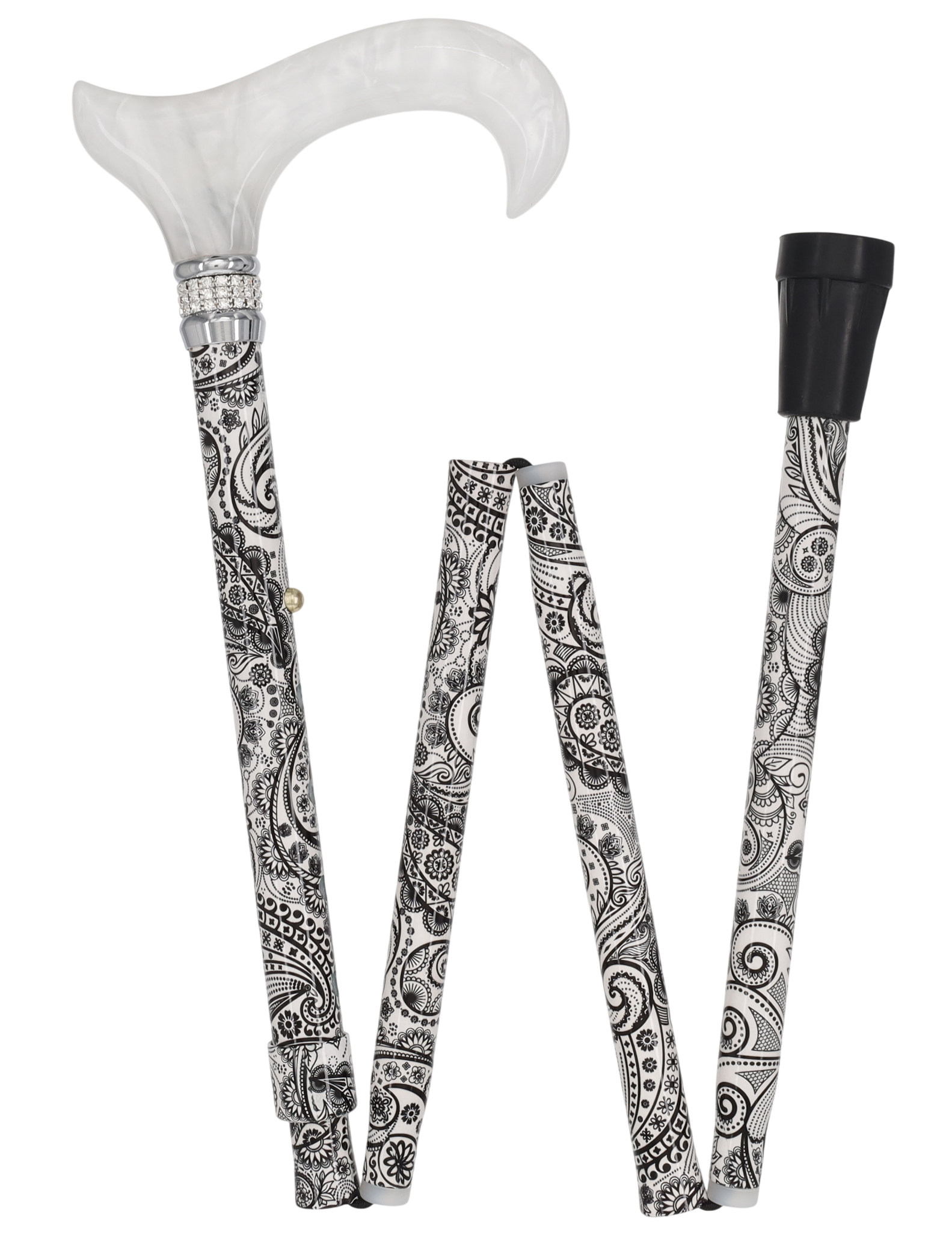 White Pearl w/ Rhinestone collar and black Swirl Designer Adjustable Orthopedic Folding Cane