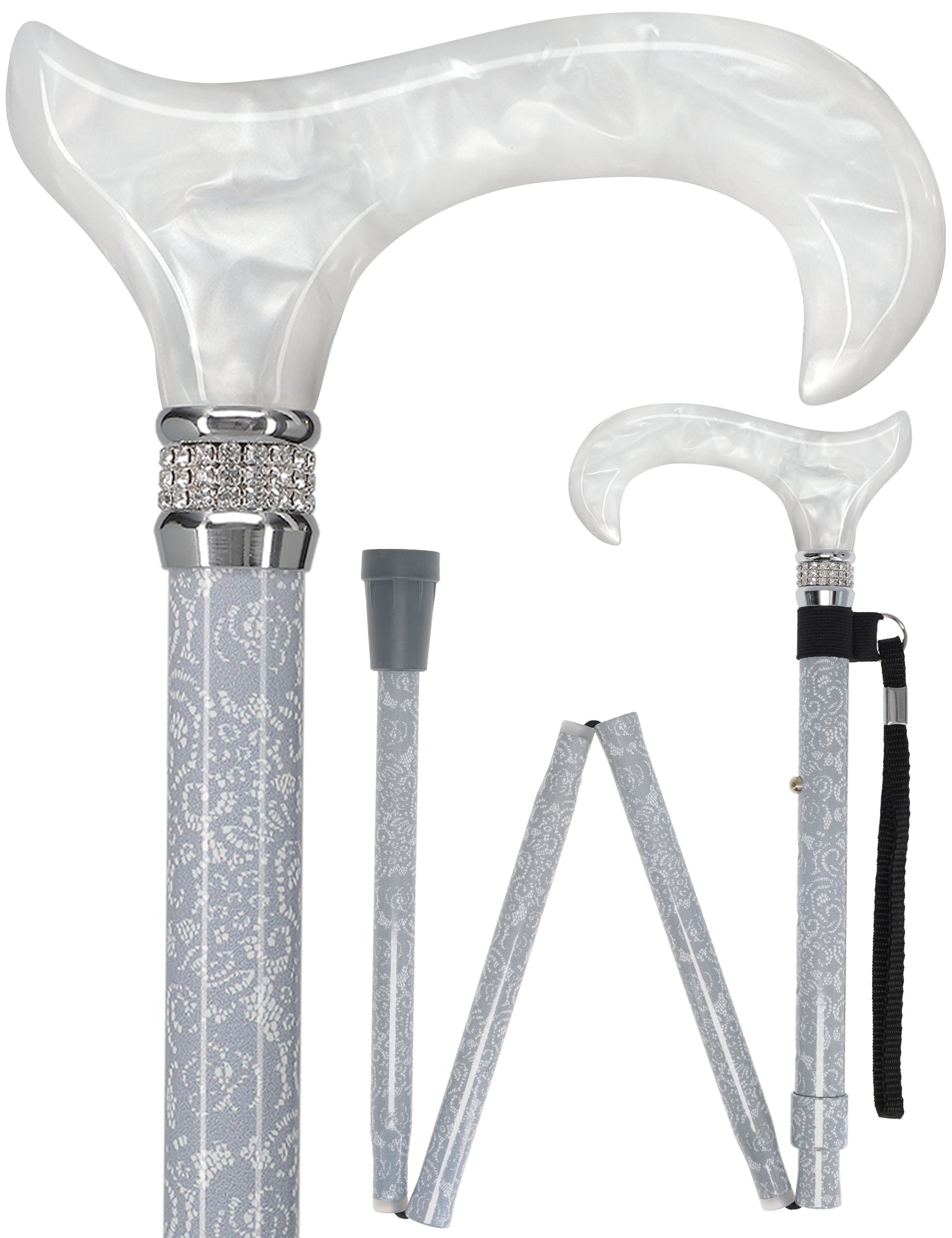 Graceful Lace Pearlz Folding Desinger Adjustable Cane w/ Rhinestone collar