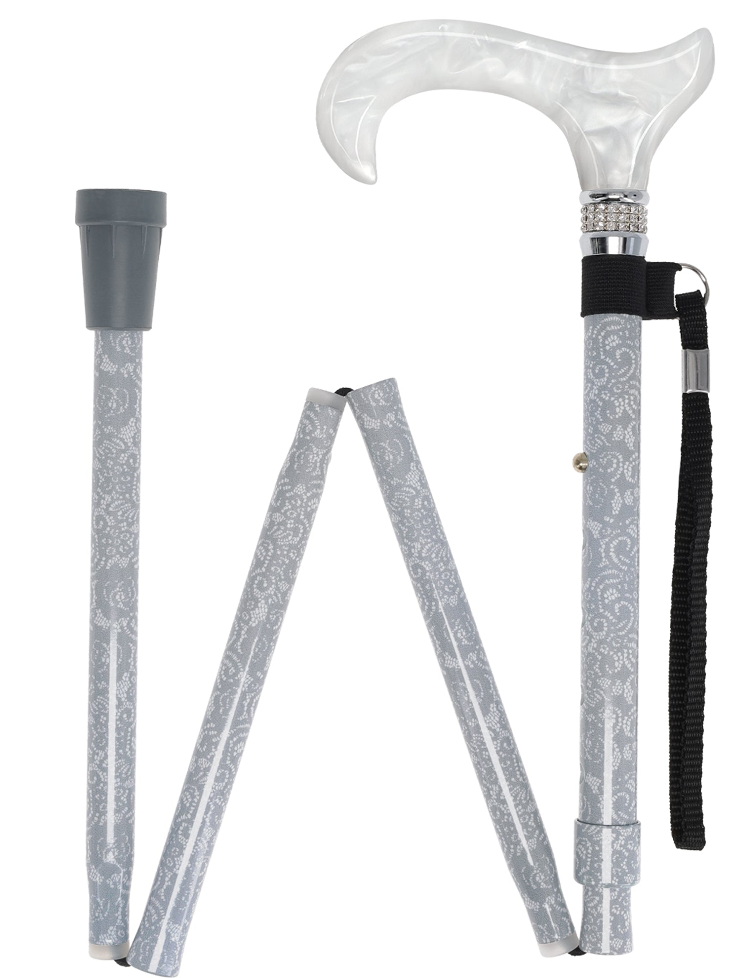 Graceful Lace Pearlz Folding Desinger Adjustable Cane w/ Rhinestone collar