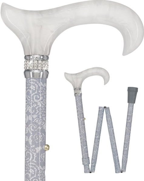 Graceful Lace Pearlz Folding Desinger Adjustable Cane w/ Rhinestone collar