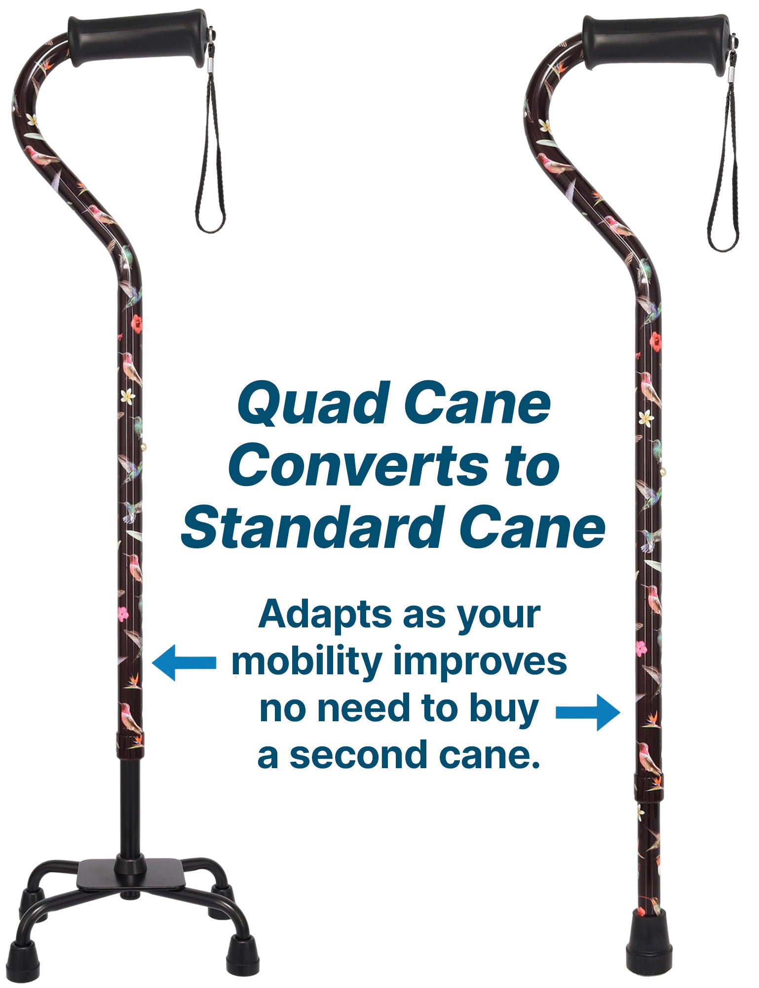 Flight of the Hummingbird Aluminum Convertible Quad Base Walking Cane - Adjustable Shaft