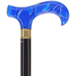 Extra Long, Super Strong Arctic Blue Derby Walking Cane With Black Beechwood Shaft and Brass Collar