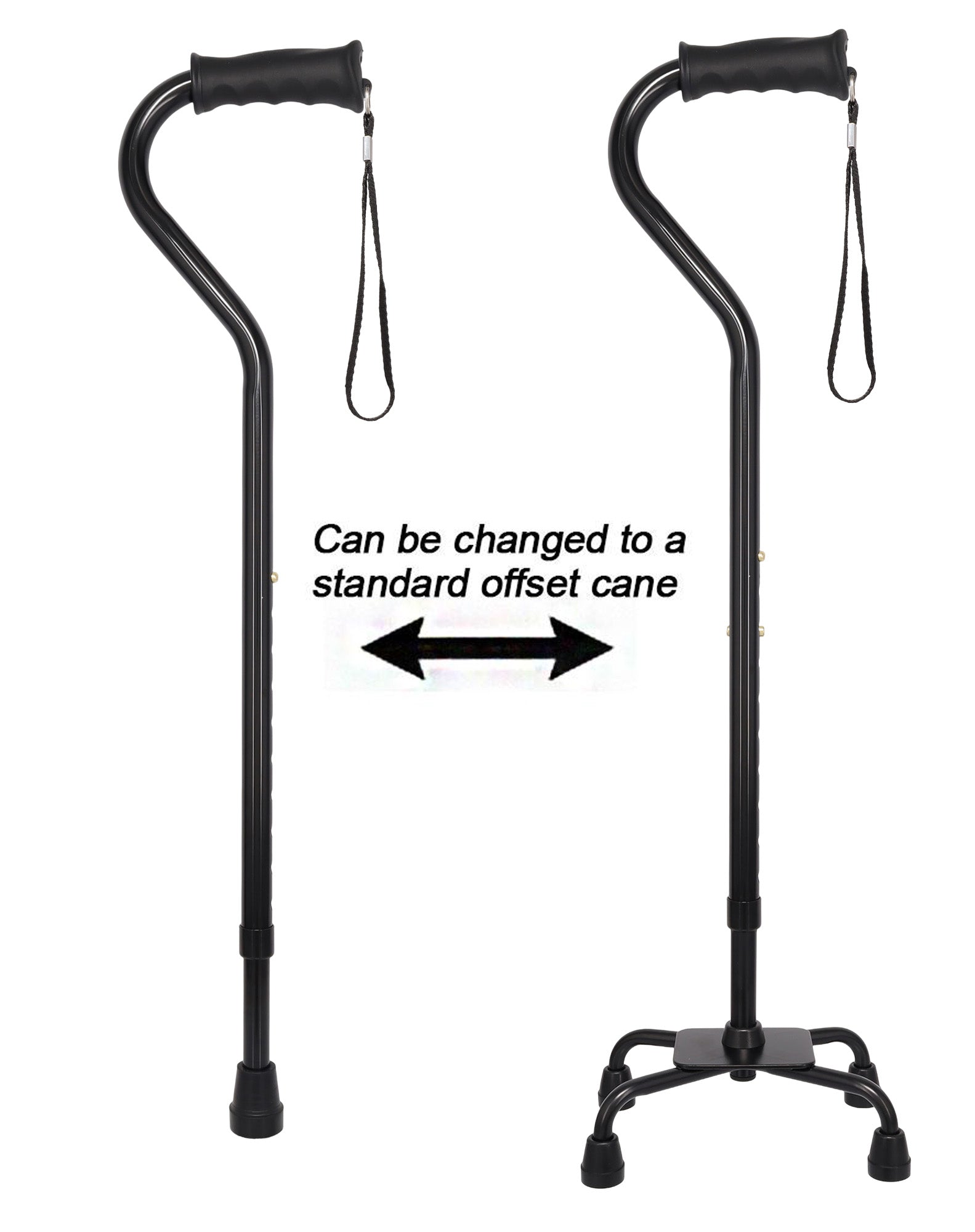 Black Aluminum Convertible Quad Base Walking Cane - Adjustable Shaft