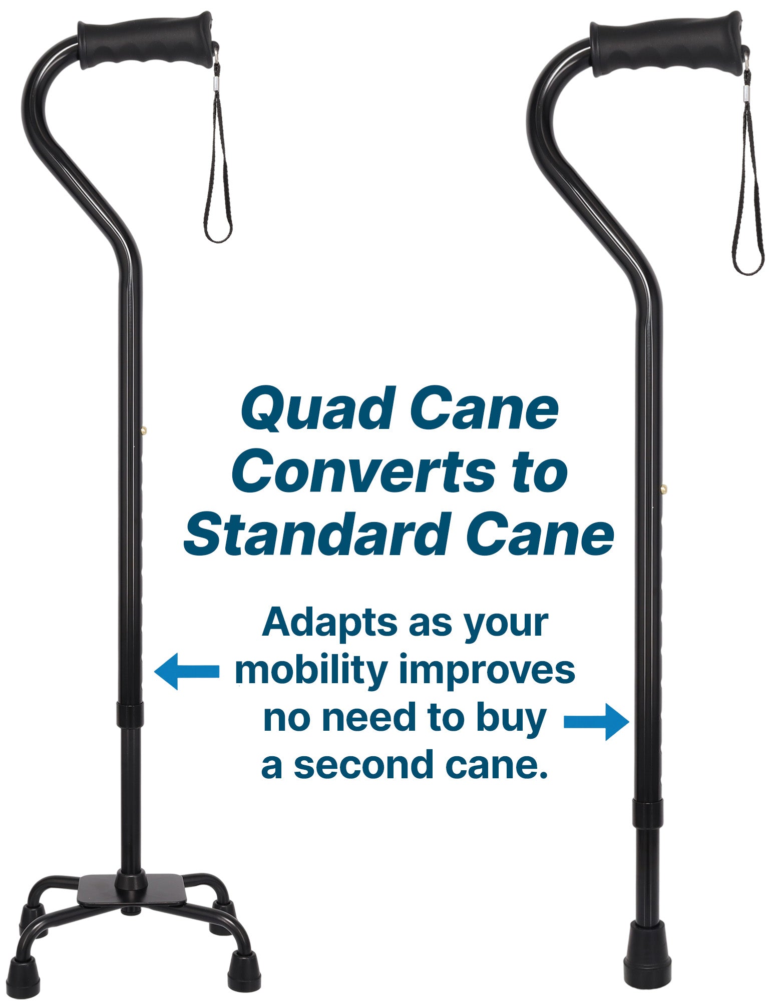 Black Aluminum Convertible Quad Base Walking Cane - Adjustable Shaft