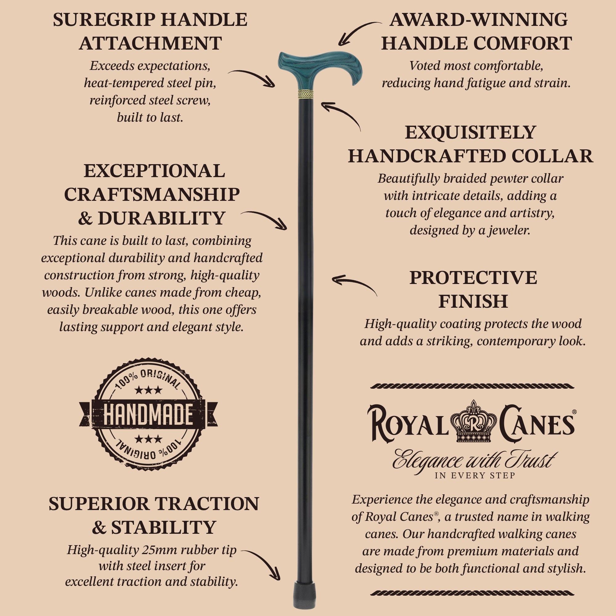Royal Canes Standard Size Classic Derby: Wood-Stained, Pewter Collar, 6 Color Options