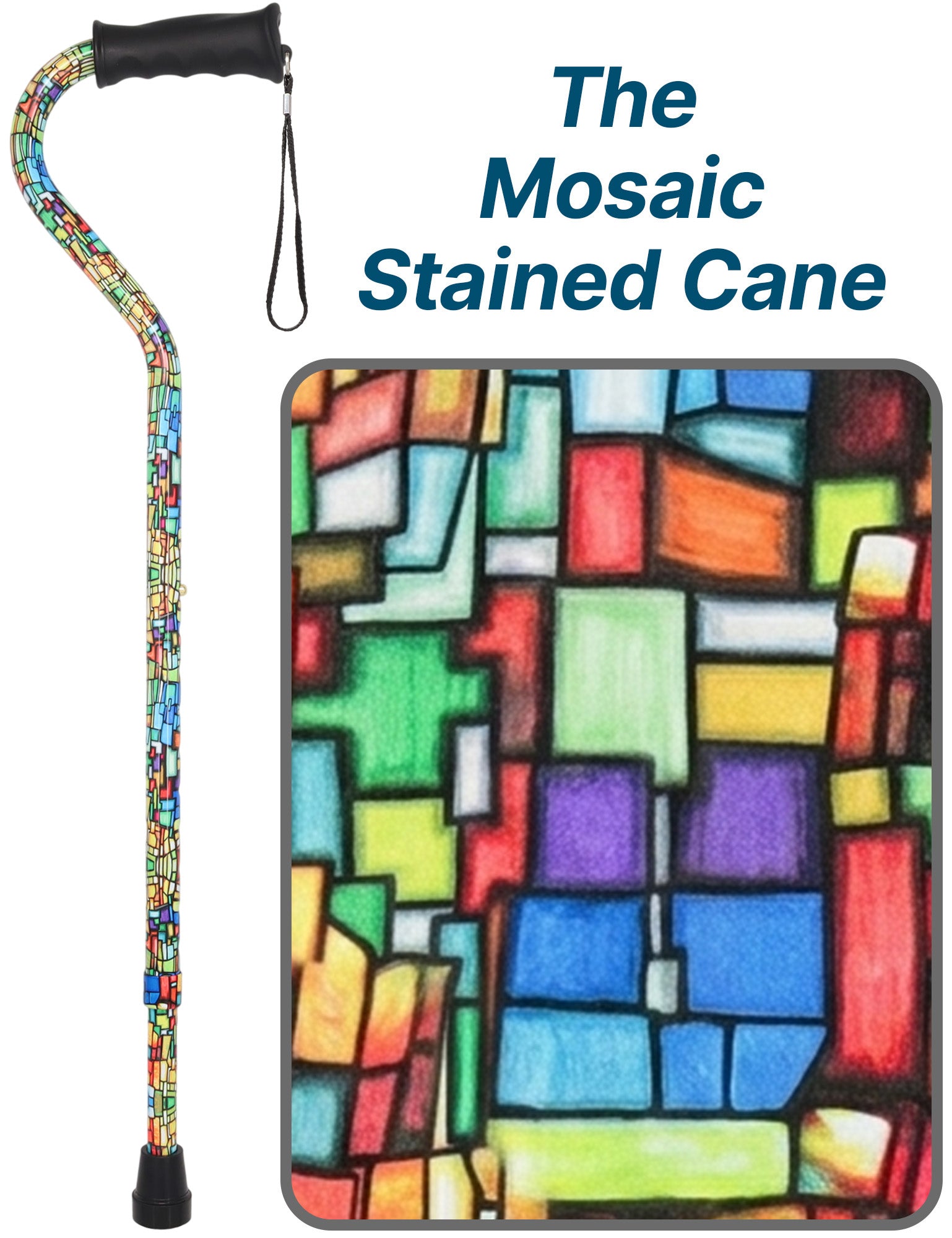 Mosaic Stained Designer Cane: Adjustable, Comfort Grip Offset