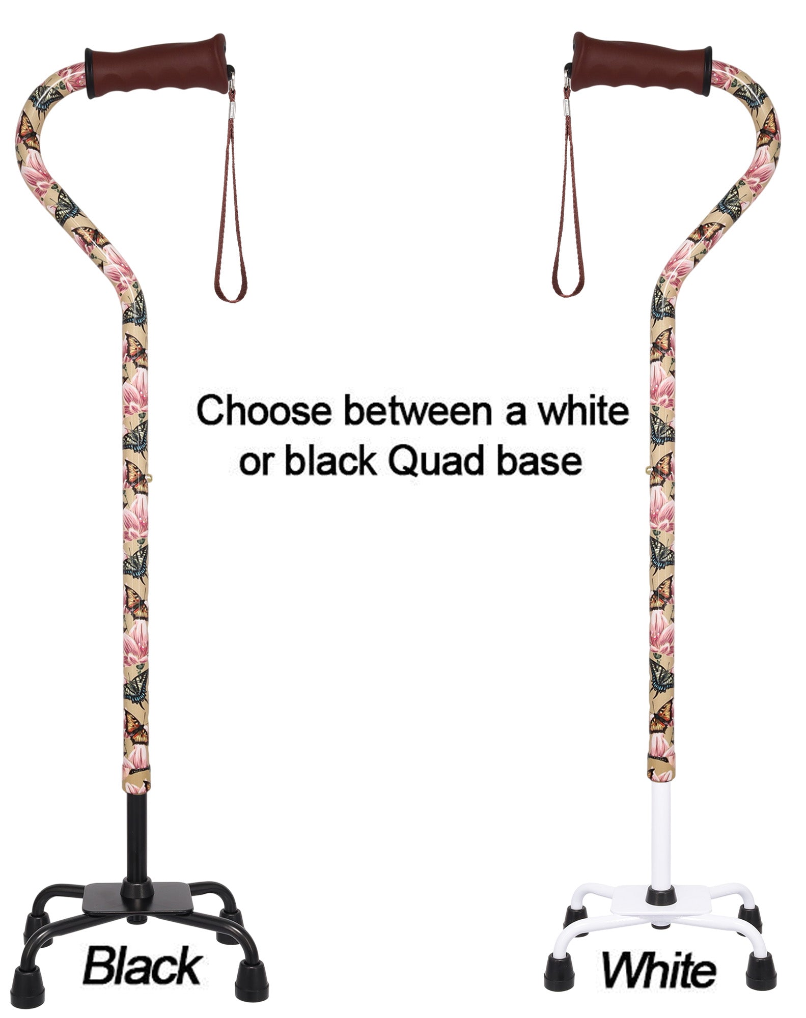 Lily and Butterfly Aluminum Convertible Quad Walking Cane with Comfort Grip - Adjustable Shaft