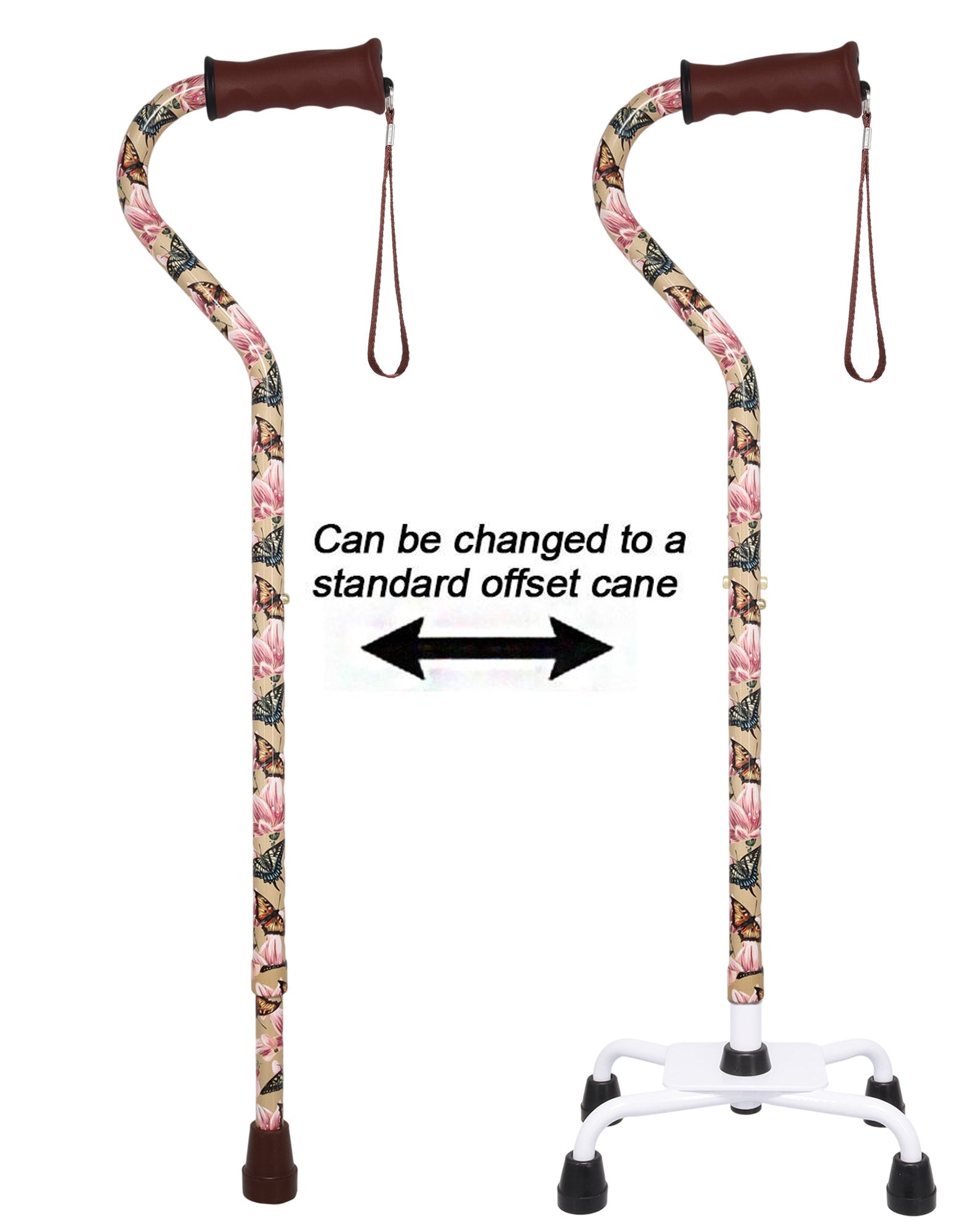 Lily and Butterfly Aluminum Convertible Quad Walking Cane with Comfort Grip - Adjustable Shaft