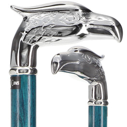 Blue Chrome Plated Eagle Head Handle Walking Cane With Denim Blue Ash Wood Shaft and Silver Collar