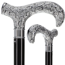 Extra Long Super Strong Silver Plated Scroll Derby Walking Cane - Black Beechwood - Silver Collar
