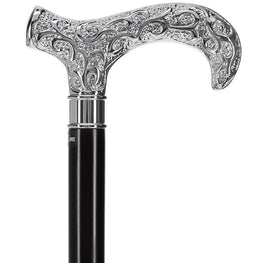 Scratch and Dent Extra Long Super Strong Silver Plated Scroll Derby Walking Cane - Black Beechwood - Silver Collar V1251