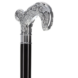 Scratch and Dent Extra Long Super Strong Silver Plated Scroll Derby Walking Cane - Black Beechwood - Silver Collar V1251