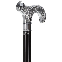 Scratch and Dent Extra Long Super Strong Silver Plated Scroll Derby Walking Cane - Black Beechwood - Silver Collar V2116