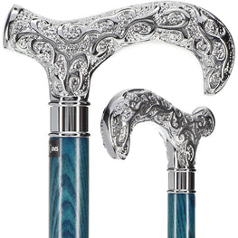 Extra Long, Super Strong Blue Silver Plated Scrollwork Derby Walking Cane with Ash Wood Shaft