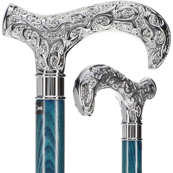 Scratch and Dent Extra Long, Super Strong Blue Silver Plated Scrollwork Derby Walking Cane with Ash Wood Shaft V2332