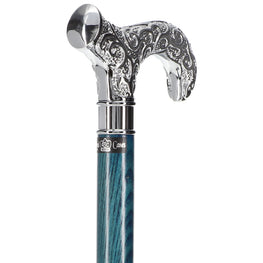 Extra Long, Super Strong Blue Silver Plated Scrollwork Derby Walking Cane with Ash Wood Shaft