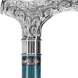 Scratch and Dent Extra Long, Super Strong Blue Silver Plated Scrollwork Derby Walking Cane with Ash Wood Shaft V2332