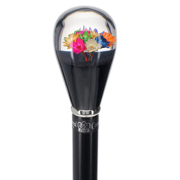 Real Dried Flower Clear Lucite Knob Handle Walking Stick With Black Beechwood Shaft - Silver Collar