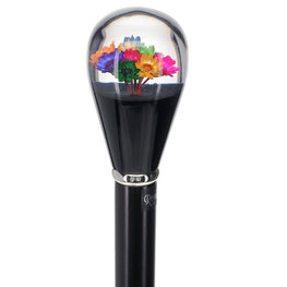 Real Dried Flower Clear Lucite Knob Handle Walking Stick With Black Beechwood Shaft - Silver Collar