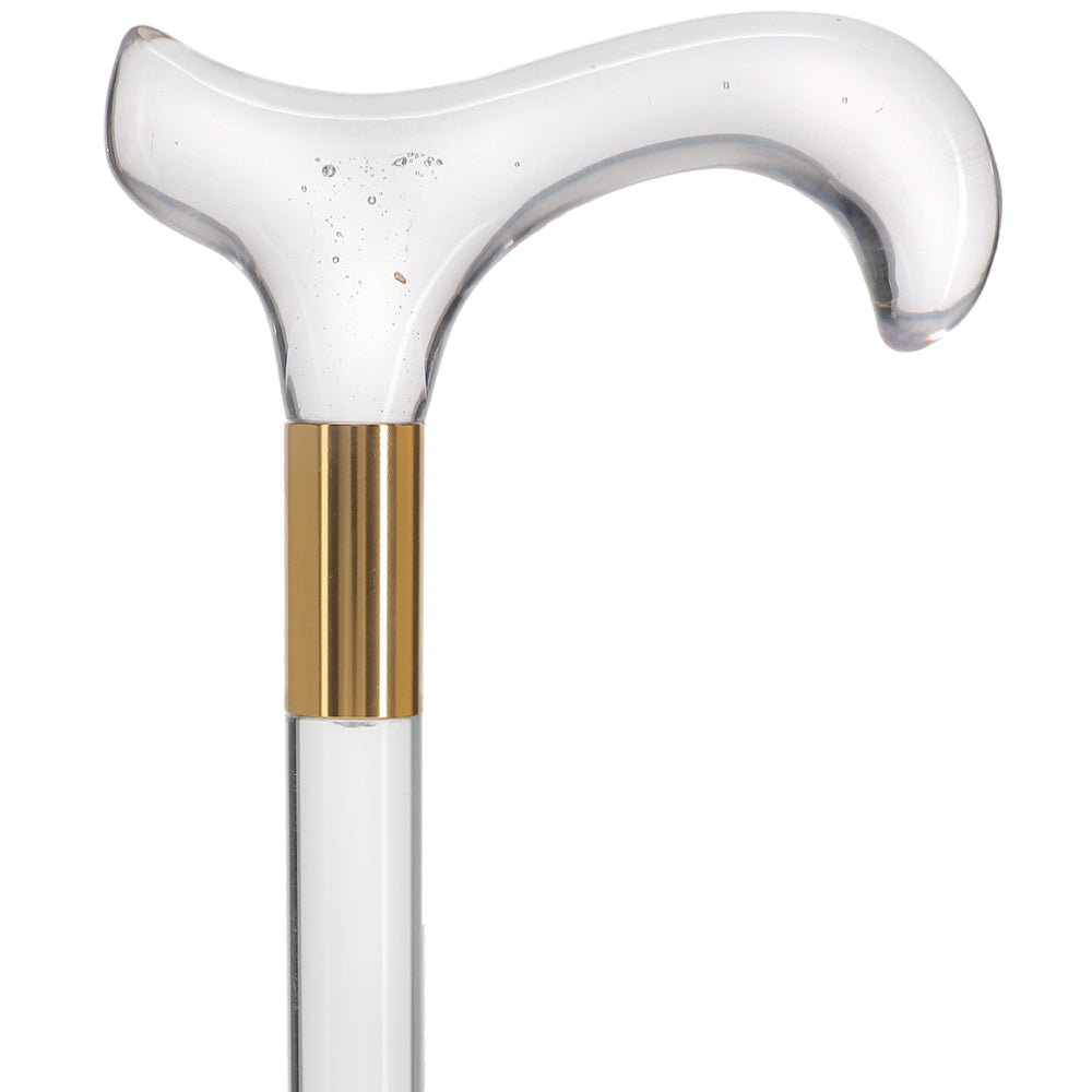 Clear Lucite Derby White Bubble Handle Walking Cane with Lucite Shaft and Custom Collar