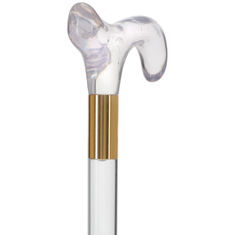 Clear Lucite Derby White Bubble Handle Walking Cane with Lucite Shaft and Custom Collar