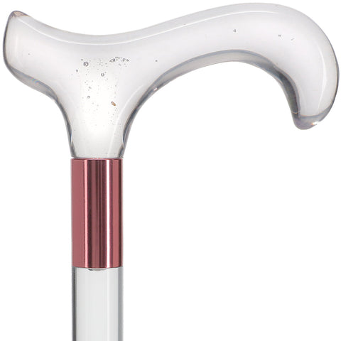 Scratch and Dent Clear Lucite Derby Handle Walking Cane with Lucite Shaft and Pink Collar V2430