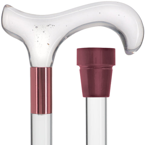 Scratch and Dent Clear Lucite Derby Handle Walking Cane with Lucite Shaft and Pink Collar V2437